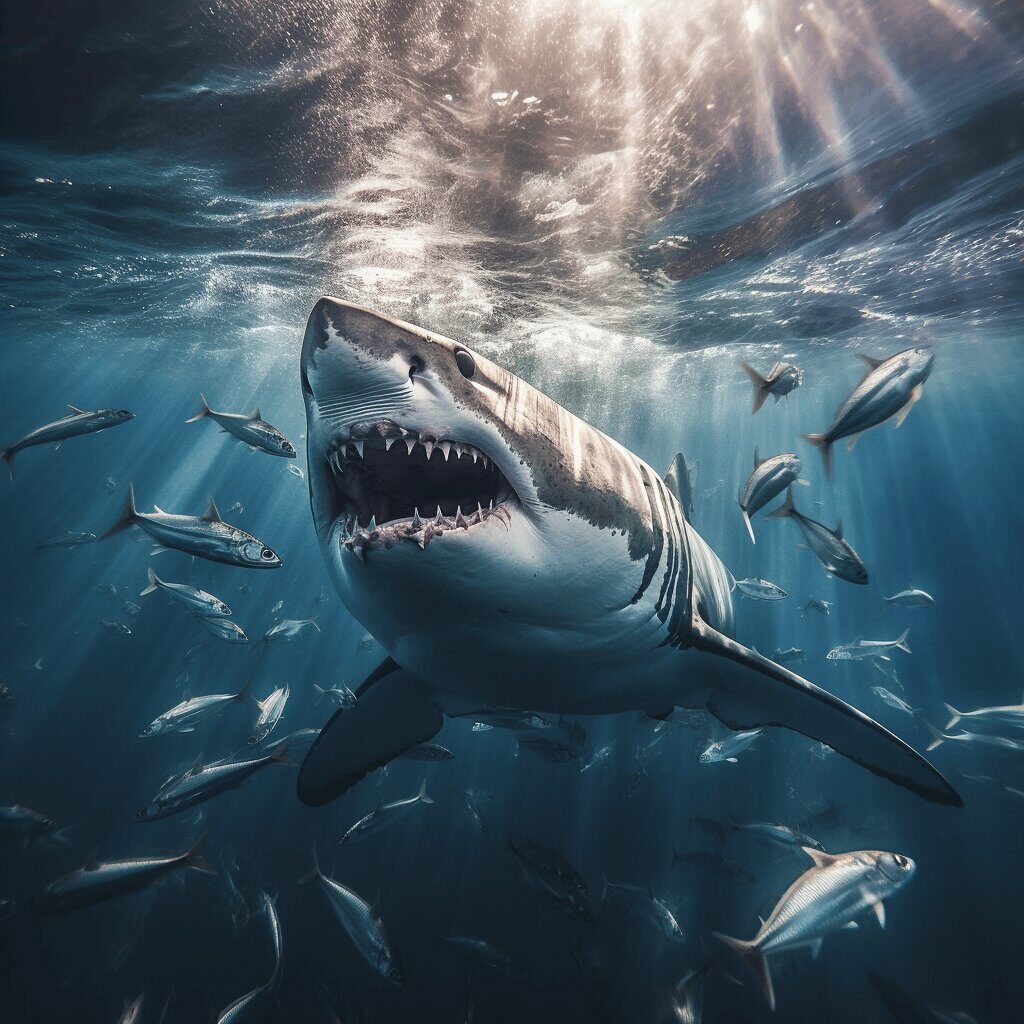 white shark eats bluefis tuna
