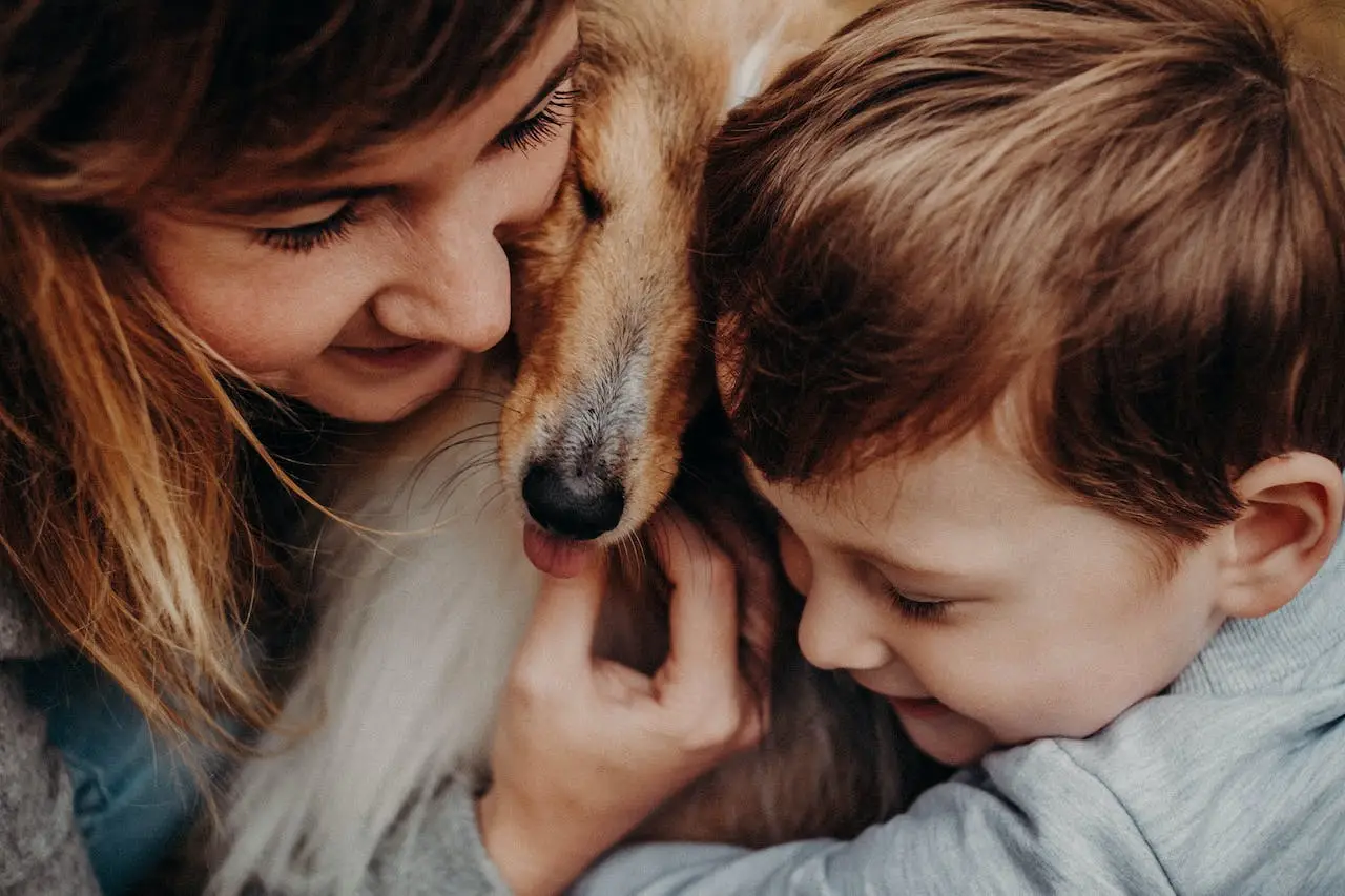 smiling mother with son embracing Collie
one of the best dog breeds for families with children